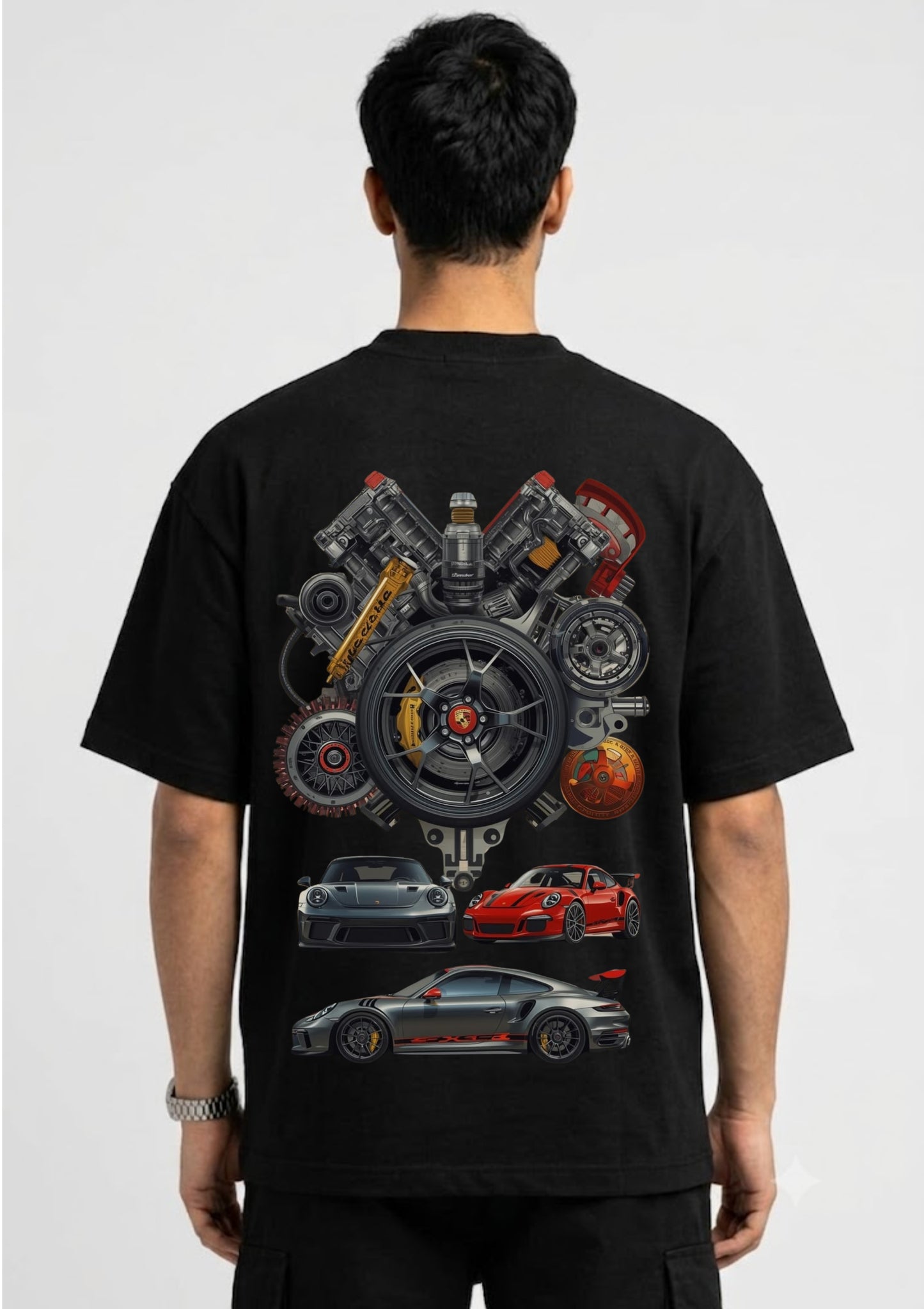 Sports Car Engine Graphic Oversized Back Print T-Shirt for Men | 100% Cotton | 220 GSM | T-Adda