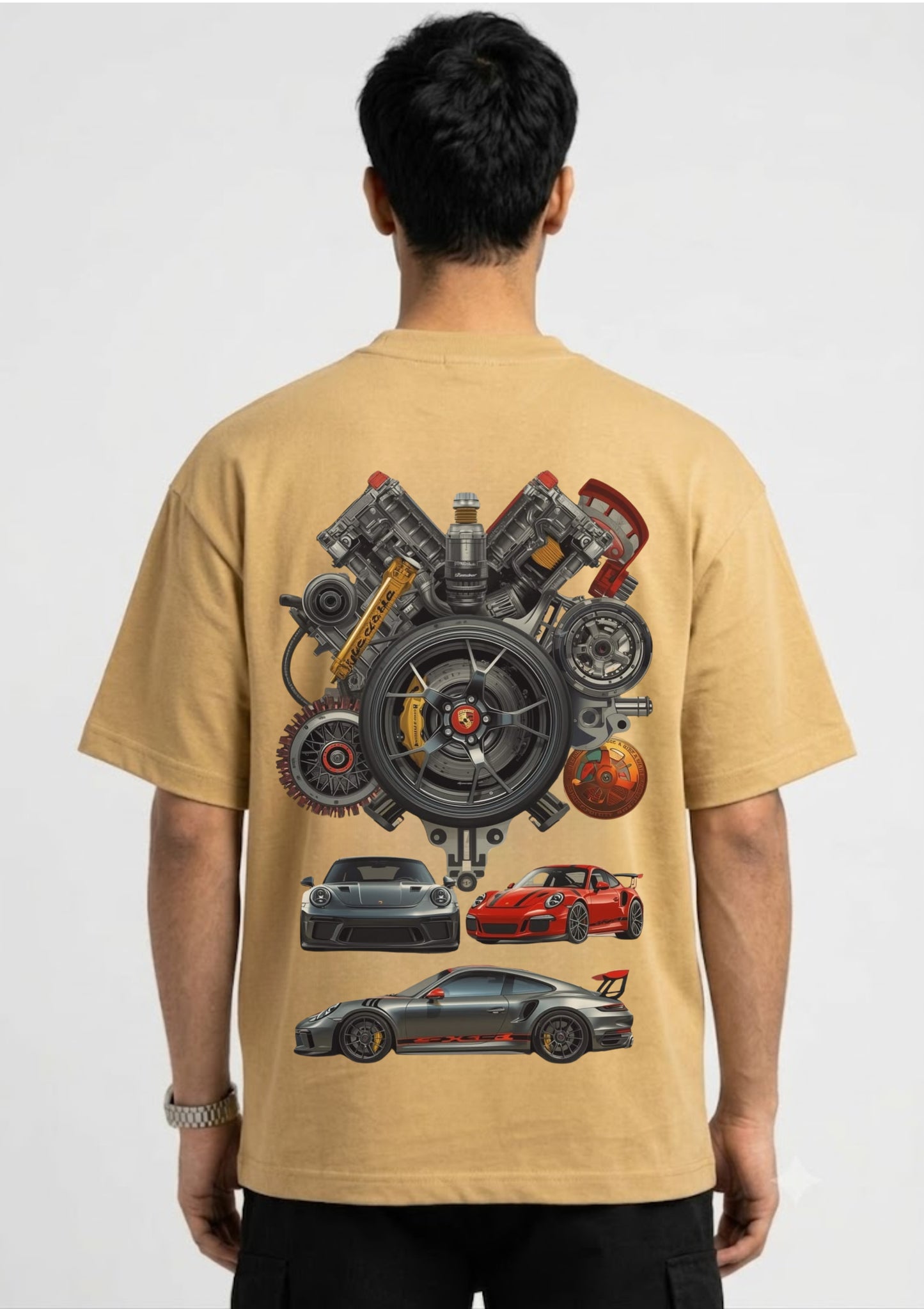 Sports Car Engine Graphic Oversized Back Print T-Shirt for Men | 100% Cotton | 220 GSM | T-Adda