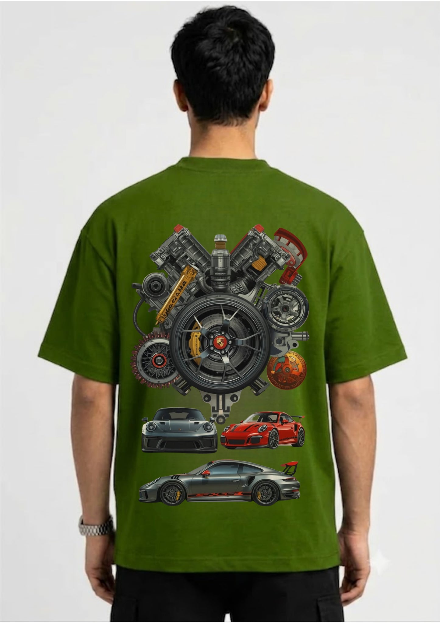 Sports Car Engine Graphic Oversized Back Print T-Shirt for Men | 100% Cotton | 220 GSM | T-Adda