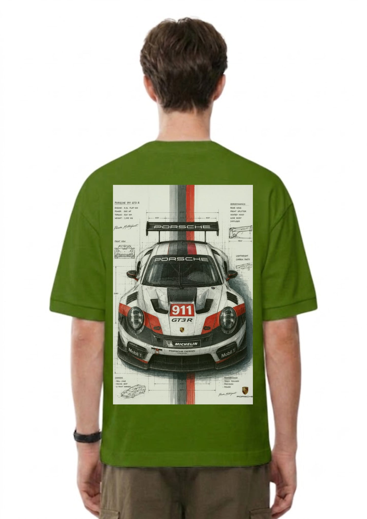 911 GT3 R Racing Car Back Print Oversized T-Shirt for Men | 100% Cotton | 220 GSM