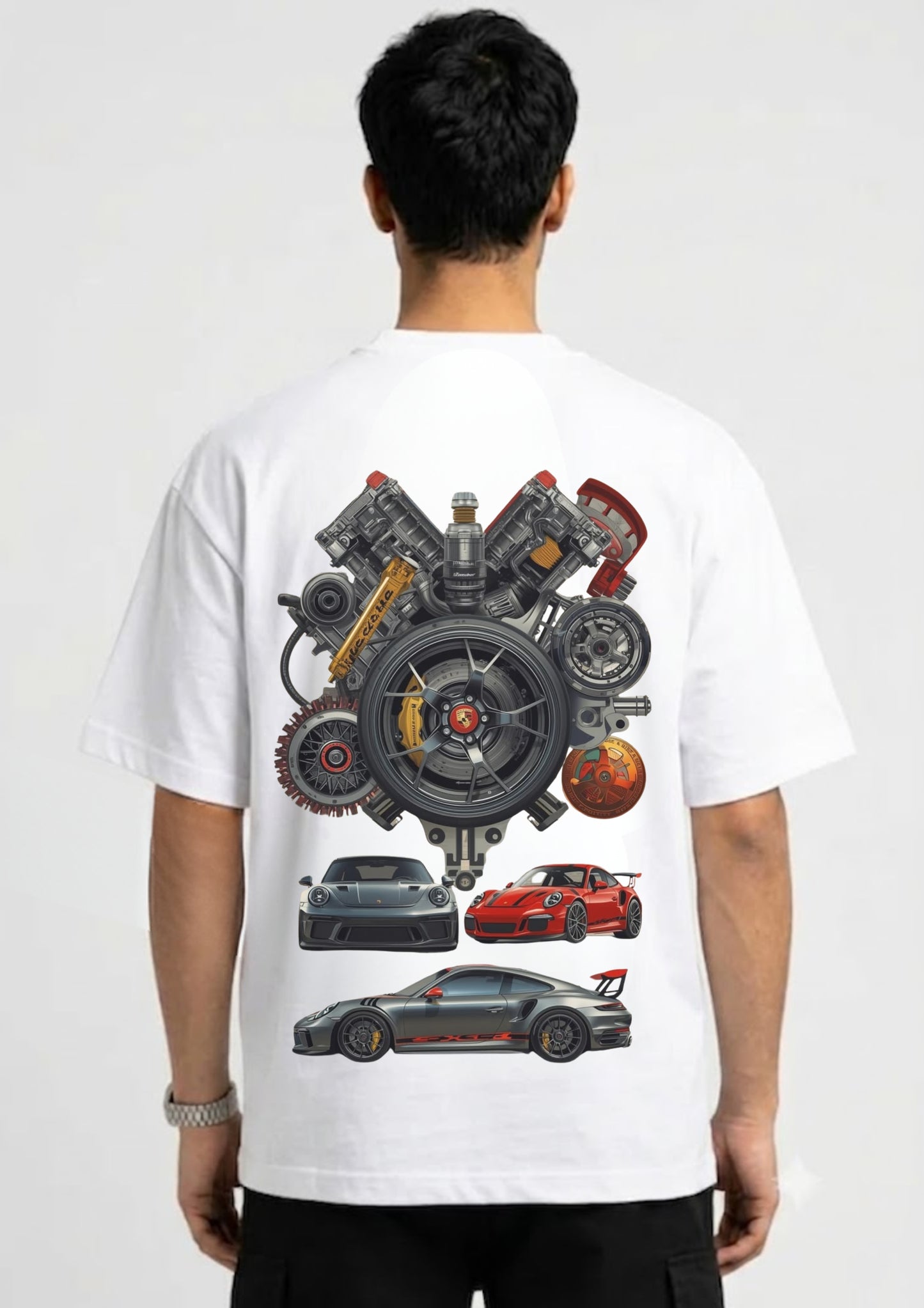 Sports Car Engine Graphic Oversized Back Print T-Shirt for Men | 100% Cotton | 220 GSM | T-Adda
