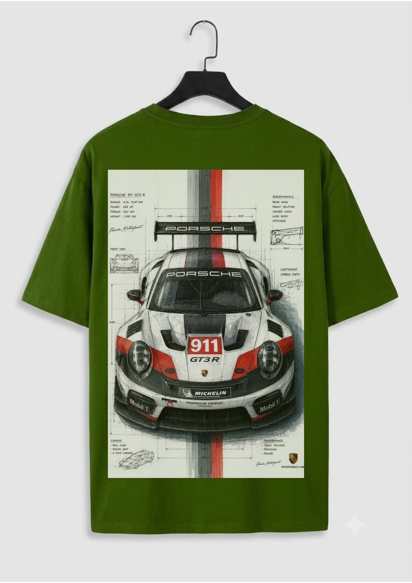 911 GT3 R Racing Car Back Print Oversized T-Shirt for Men | 100% Cotton | 220 GSM